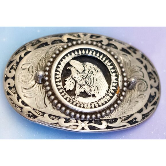 Vintage Round Oval Gold Tone Symbolic Bird Emblem Belt Buckle - J31 - Picture 2 of 3